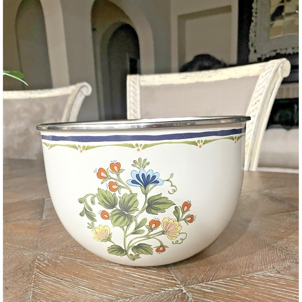 Vintage 4 Quart Kobe Kitchen Mixing Bowl Enamel Floral w/Silver Trim